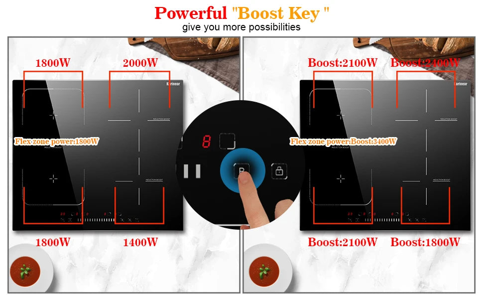 Karinear Built-in 4-Burner Induction Cooktop, electric Induction Hob with Flexzone, Slider Control, Timer, Boost Function, 7200W
