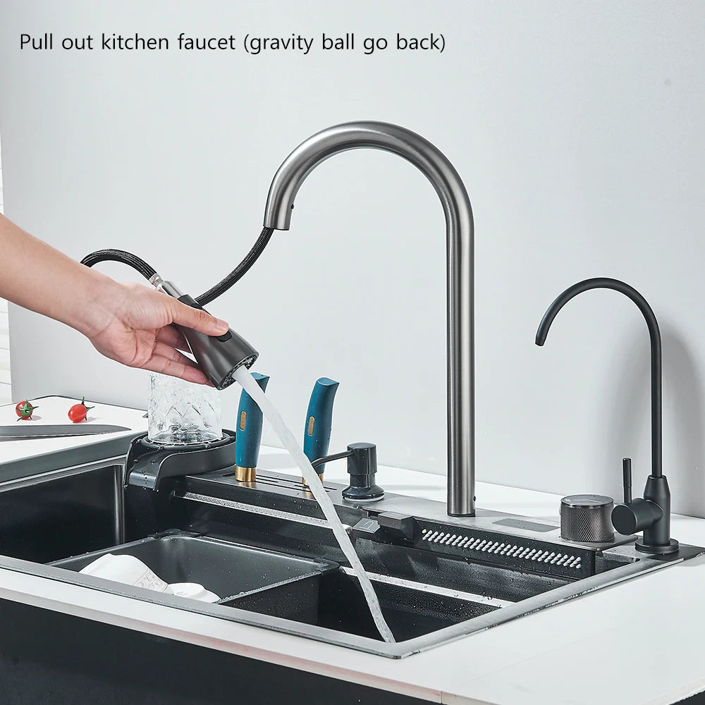 304 Stainless Steel Waterfall Kitchen Sink Large Single Slot Integrated Digital Display Faucet Set Soap Dispenser 75*45cm
