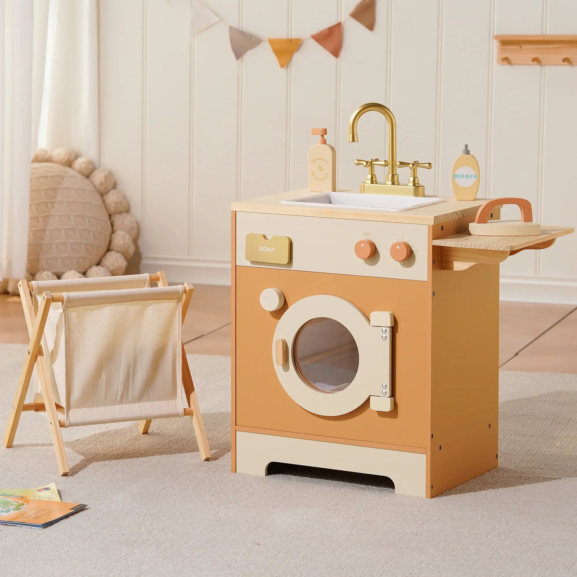 Robotime Wooden Play Kitchen Kids Kitchen Playset Washing Machine Dishwasher Toddler Kitchen Playset Gift for Boys Girls Caramel