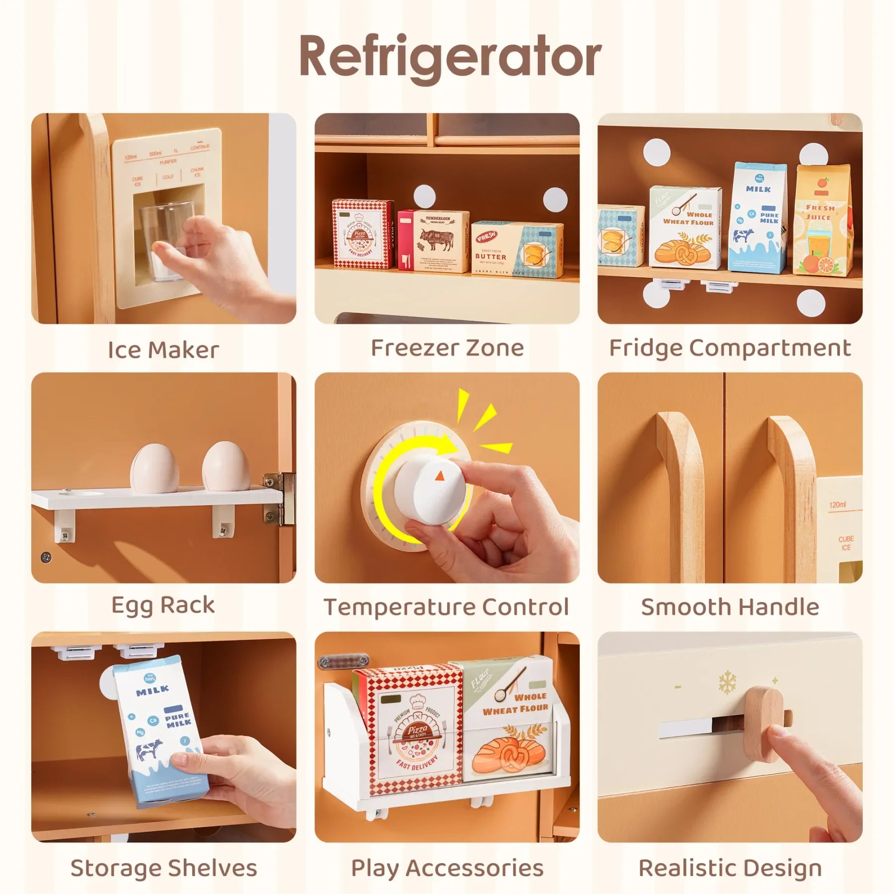 Robotime Wooden Play Kitchen Kids Kitchen Playset Washing Machine Dishwasher Toddler Kitchen Playset Gift for Boys Girls Caramel