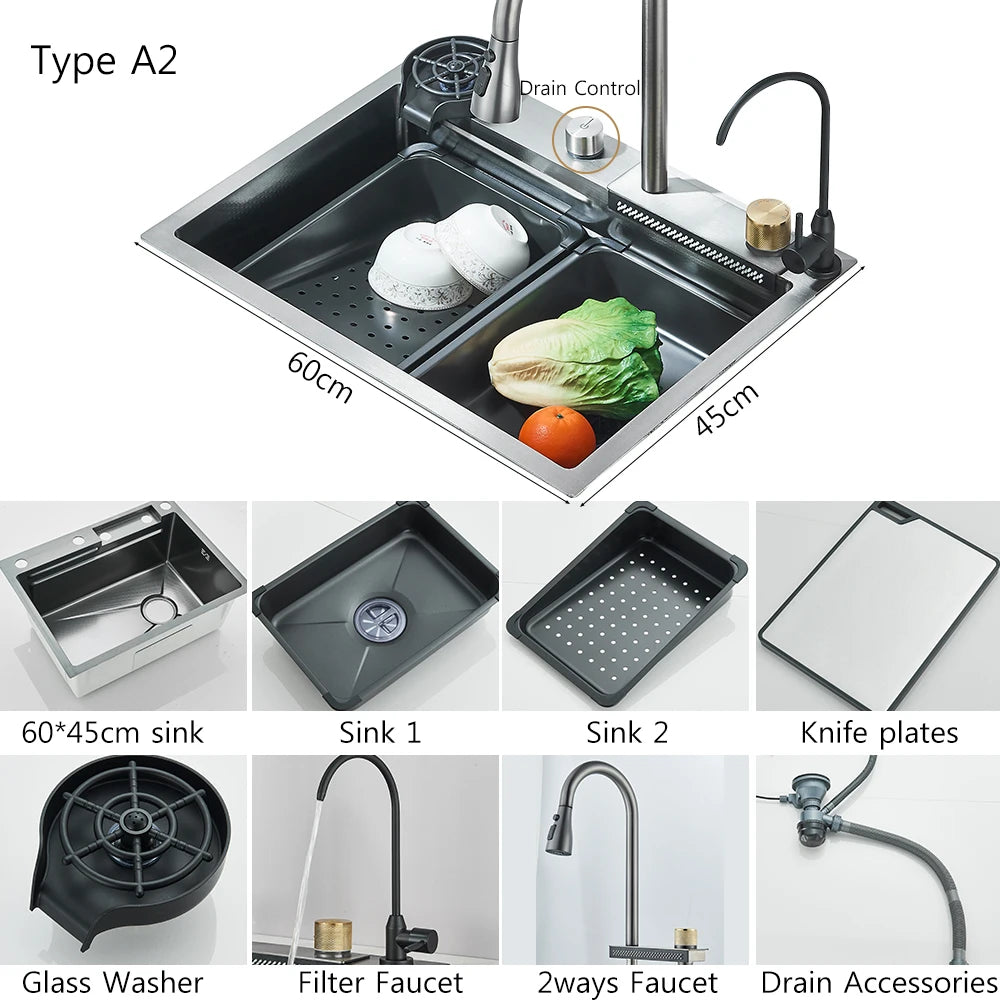 304 Stainless Steel Waterfall Kitchen Sink Large Single Slot Integrated Digital Display Faucet Set Soap Dispenser Cup Washer