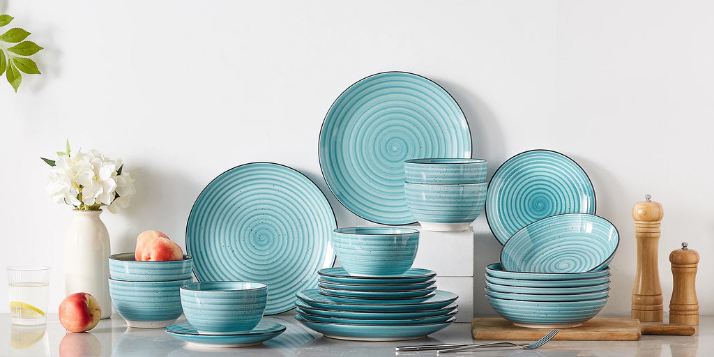 vancasso 24/48 Piece Blue Plates Dinner Sets Two-Sided Dinnerware Sets Handpainted Spiral With 6 Dinner Plate/Dessert/Soup/Bowl