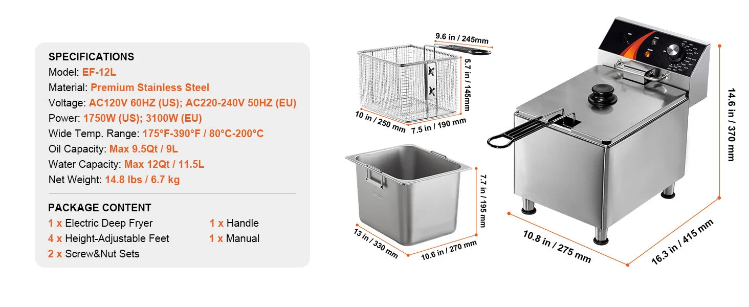 SucceBuy Commercial Deep Fryer Electric Countertop Fryer with Basket Stainless Steel Single Oil Fryer with Time & Temp Control
