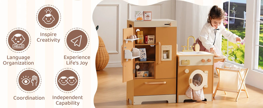 Robotime Wooden Play Kitchen Kids Kitchen Playset Washing Machine Dishwasher Toddler Kitchen Playset Gift for Boys Girls Caramel