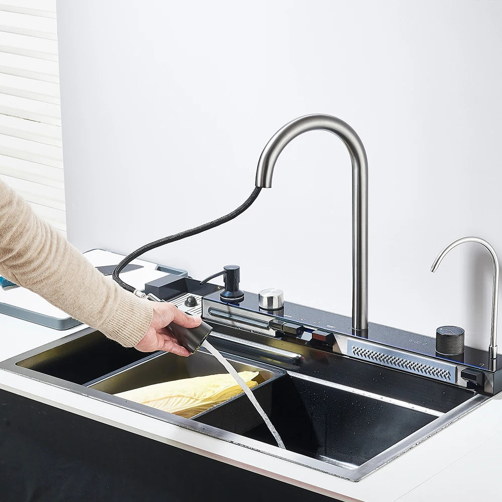 304 Stainless Steel Waterfall Kitchen Sink Large Single Slot Integrated Digital Display Faucet Set Soap Dispenser 75*45cm