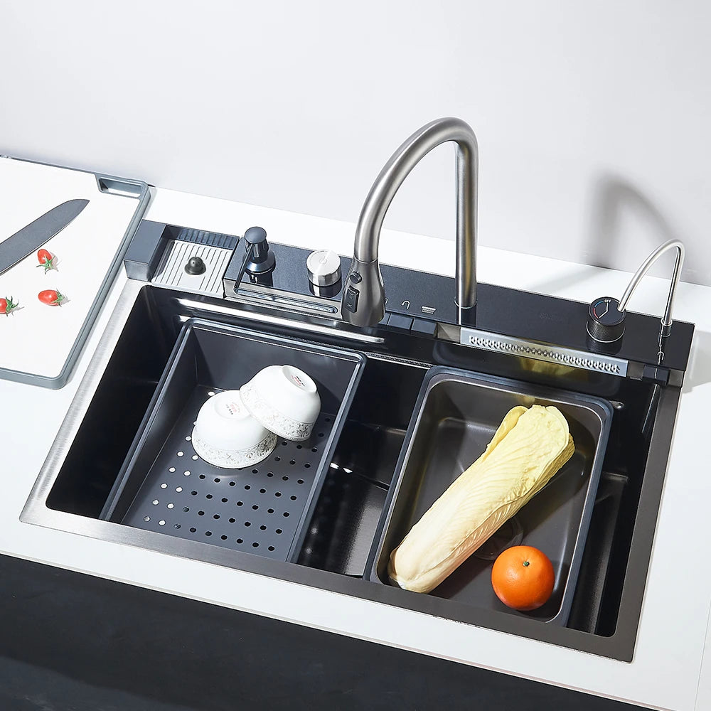 304 Stainless Steel Waterfall Kitchen Sink Large Single Slot Integrated Digital Display Faucet Set Soap Dispenser 75*45cm