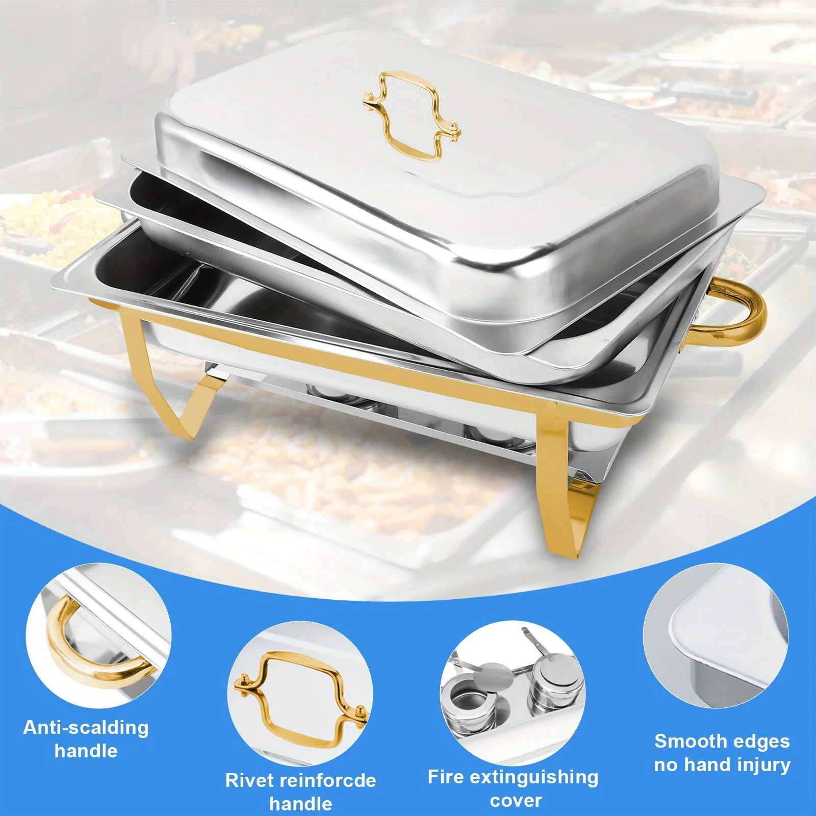 6pcs 9QT Golden Stainless Steel Chafing Dishes for Buffet,Buffet Warmers Sets for Parties Weddings Catering Buffet