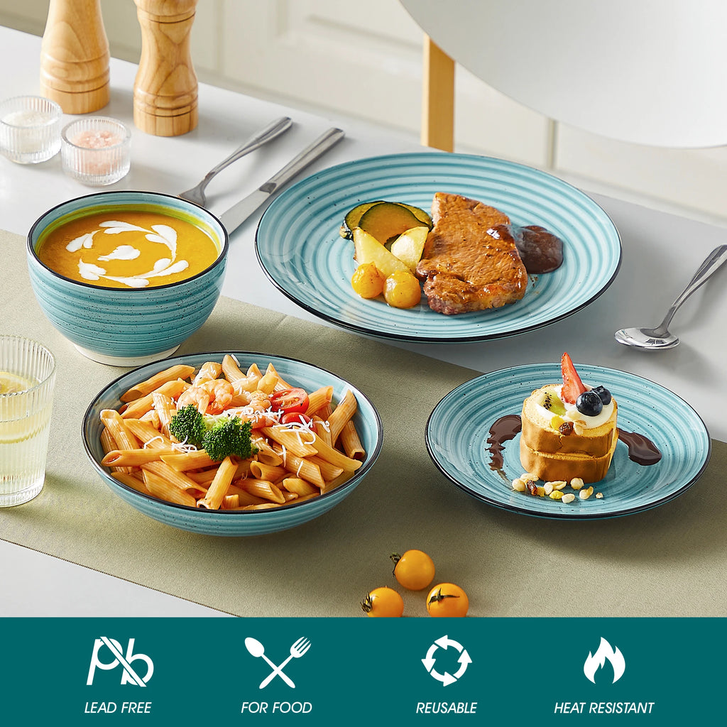 vancasso 24/48 Piece Blue Plates Dinner Sets Two-Sided Dinnerware Sets Handpainted Spiral With 6 Dinner Plate/Dessert/Soup/Bowl