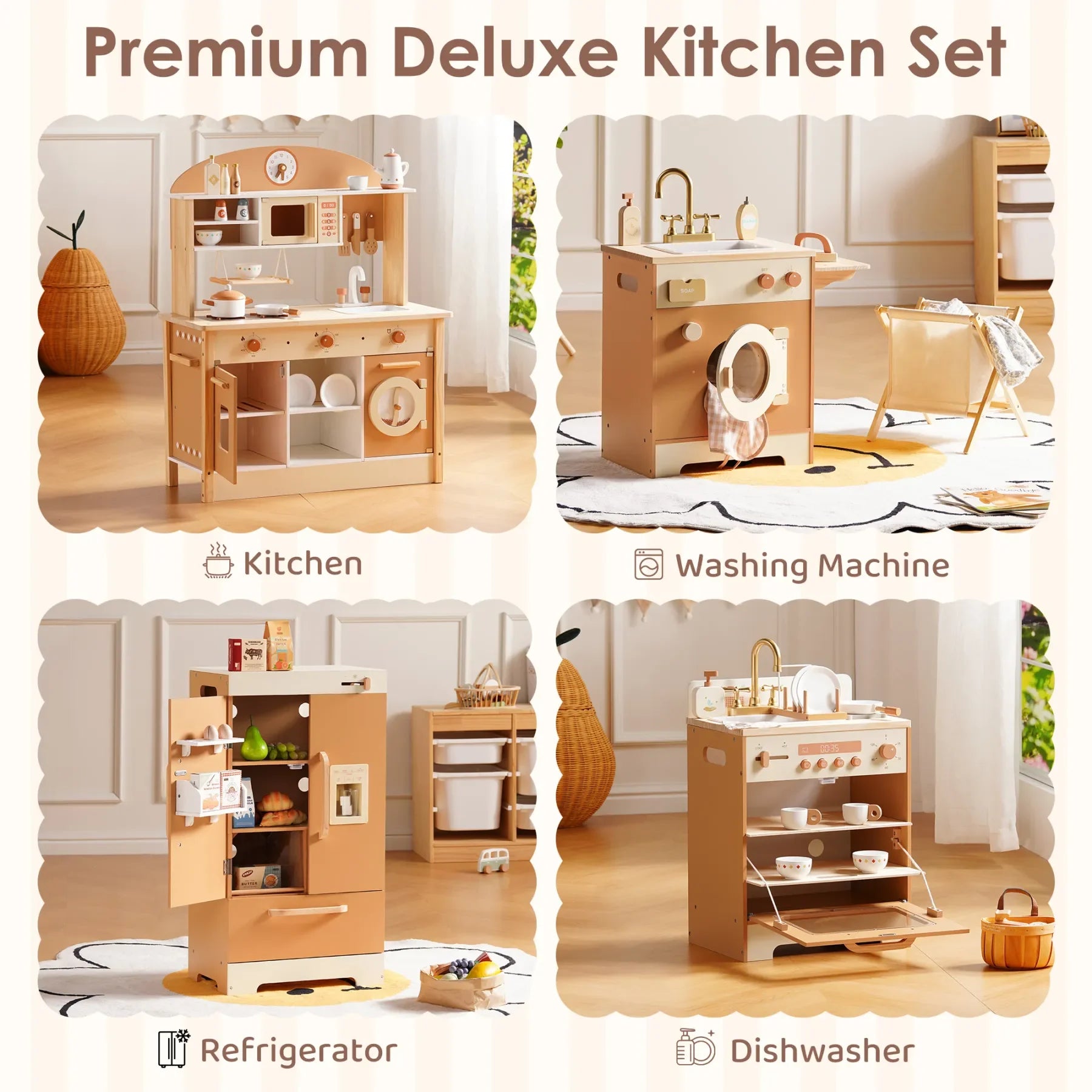 Robotime Wooden Play Kitchen Kids Kitchen Playset Washing Machine Dishwasher Toddler Kitchen Playset Gift for Boys Girls Caramel