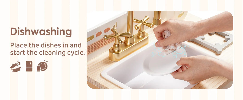 Robotime Wooden Play Kitchen Kids Kitchen Playset Washing Machine Dishwasher Toddler Kitchen Playset Gift for Boys Girls Caramel