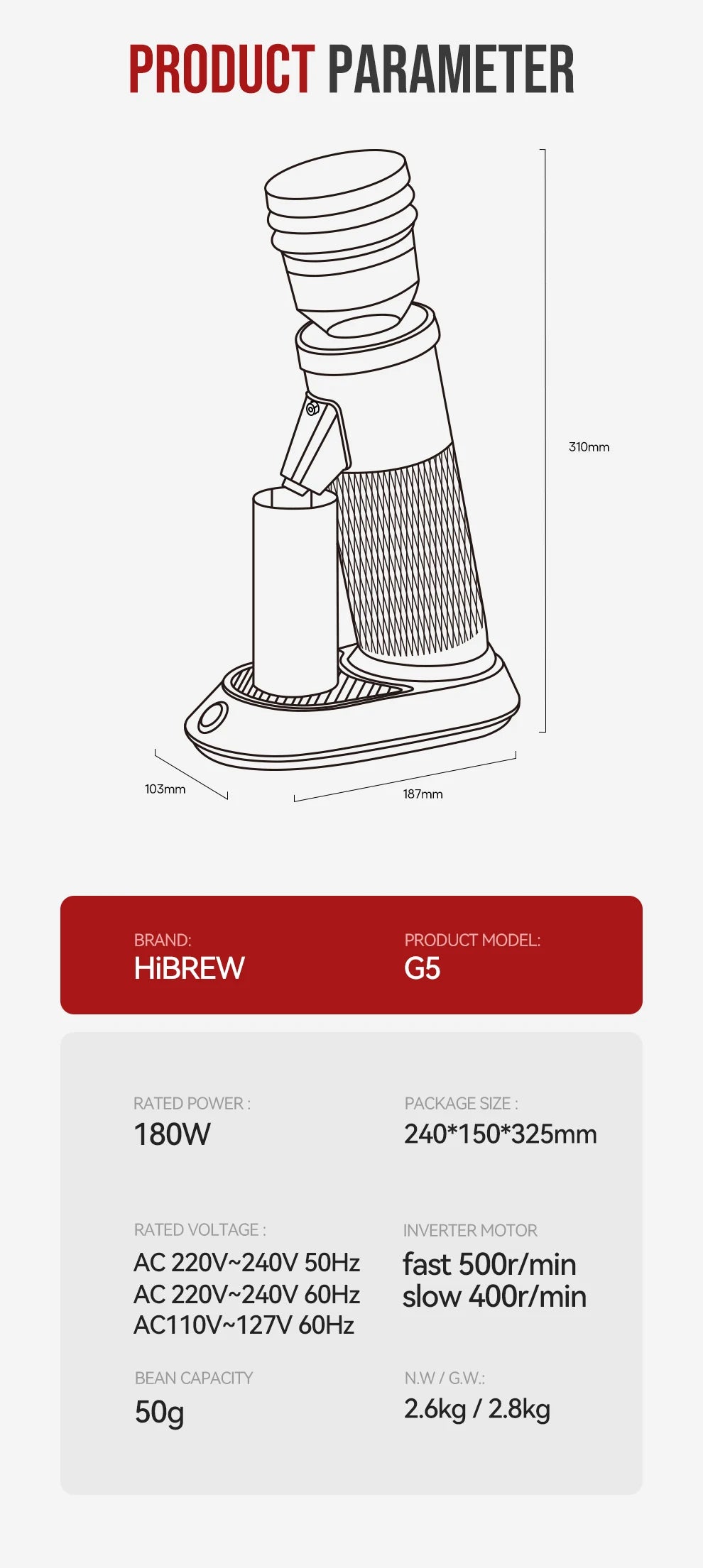 HiBREW G5 48mm Conical Burr Electric Coffee Grinder Compact Portable Coffee Bean Mill Kitchen for Espresso Turkish Coffee