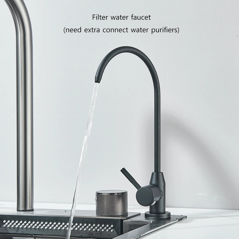 304 Stainless Steel Waterfall Kitchen Sink Large Single Slot Integrated Digital Display Faucet Set Soap Dispenser 75*45cm