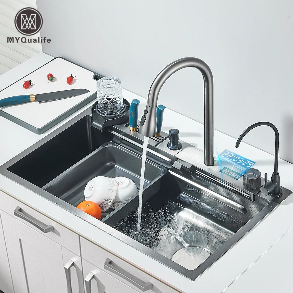 304 Stainless Steel Waterfall Kitchen Sink Large Single Slot Integrated Digital Display Faucet Set Soap Dispenser 75*45cm