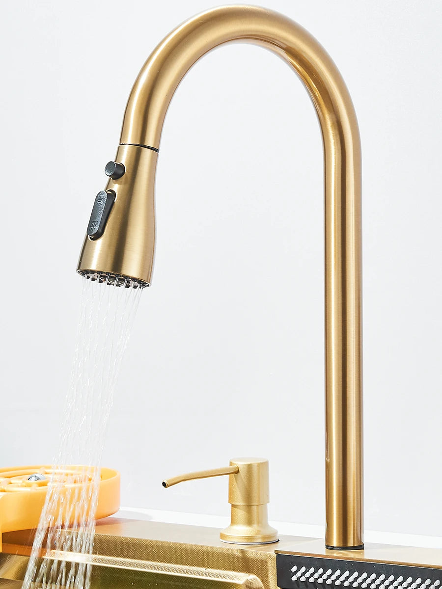 304 stainless steel waterfall kitchen sink large single slot integrated faucet set soap dispenser/pure water/cup washer