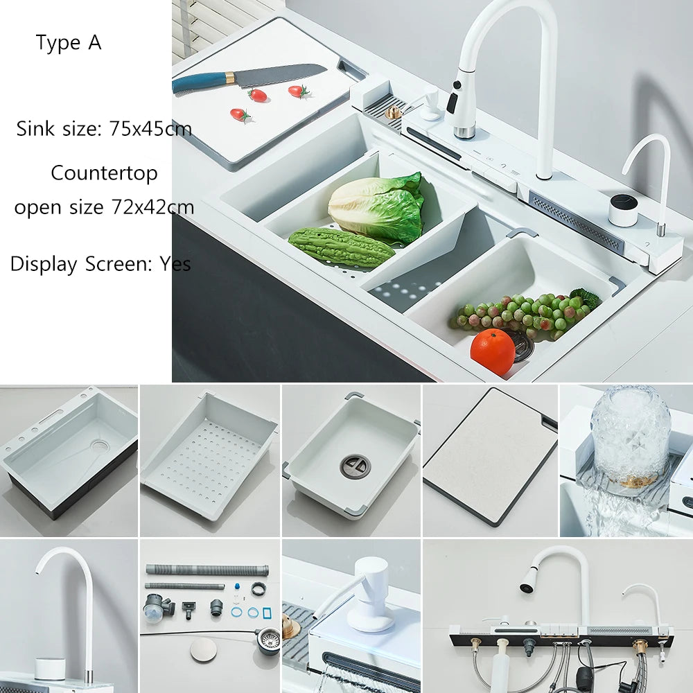 304 Stainless Steel Waterfall Kitchen Sink Large Single Slot Integrated Digital Display Faucet Set Soap Dispenser Cup Washer