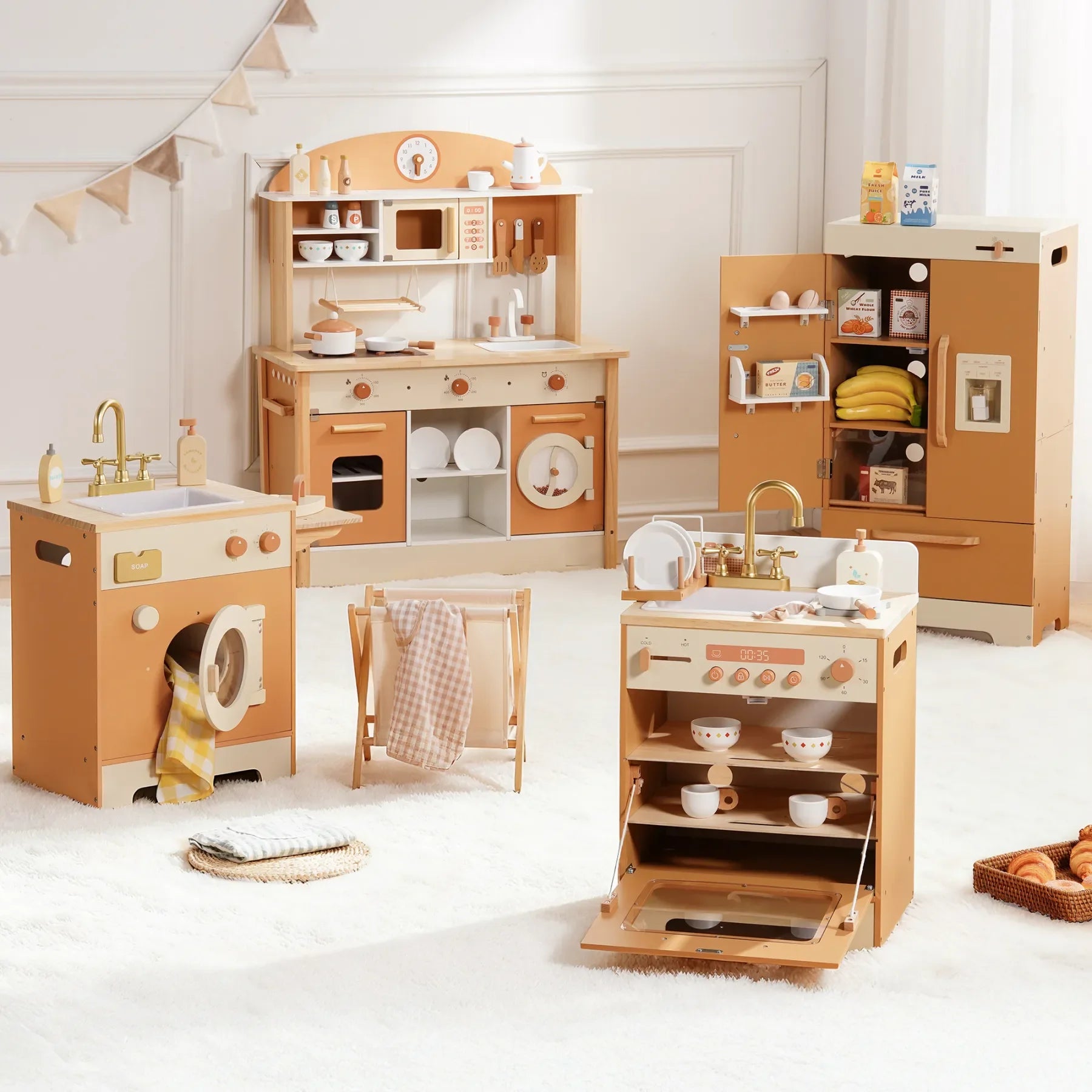 Robotime Wooden Play Kitchen Kids Kitchen Playset Washing Machine Dishwasher Toddler Kitchen Playset Gift for Boys Girls Caramel