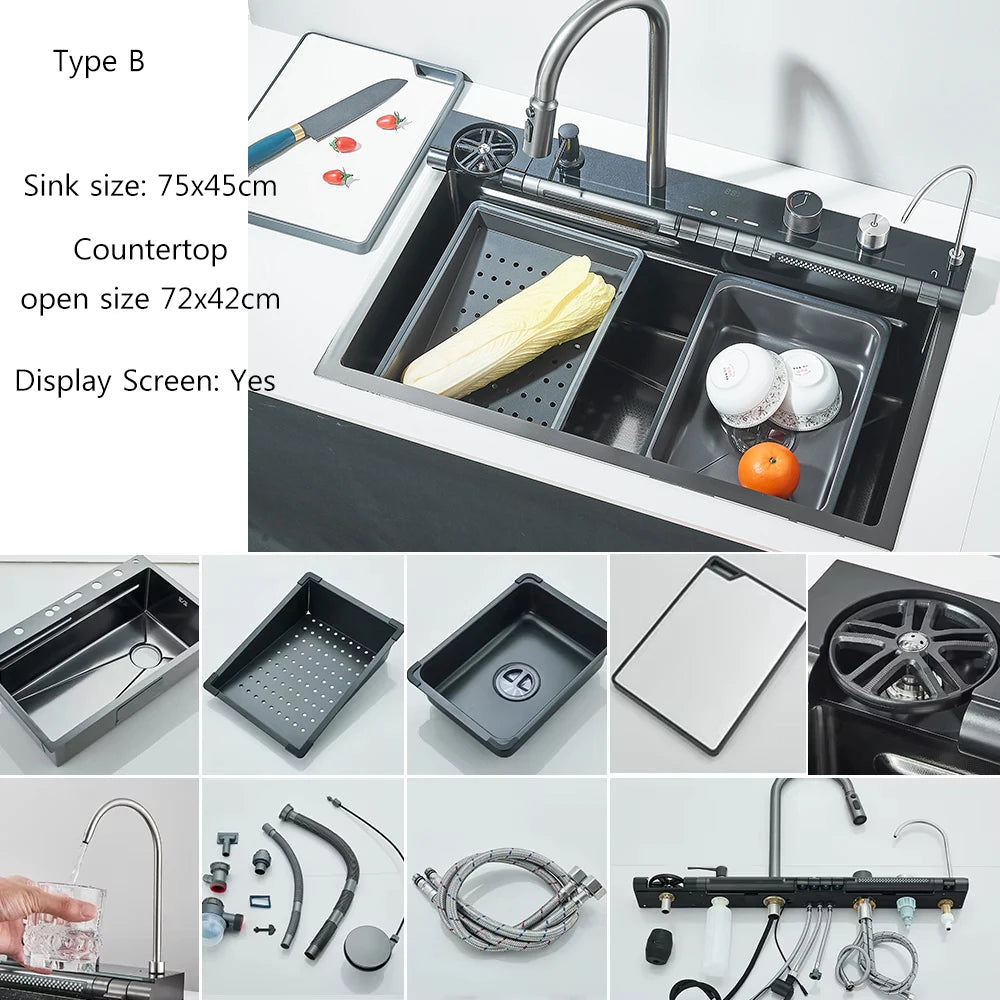 304 Stainless Steel Waterfall Kitchen Sink Large Single Slot Integrated Digital Display Faucet Set Soap Dispenser Cup Washer