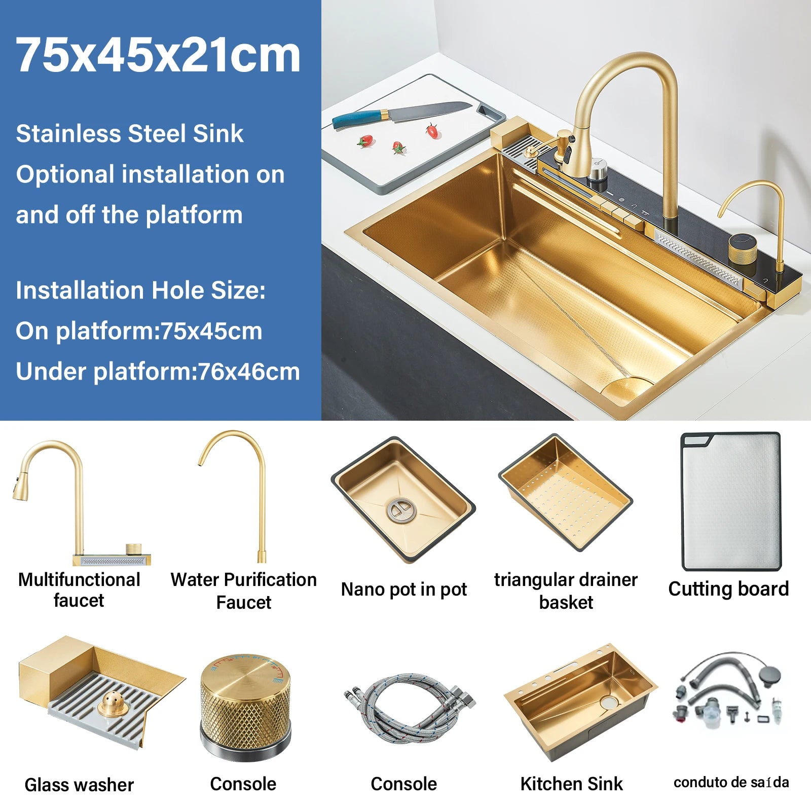304 Stainless Steel Waterfall Kitchen Sink Large Single Slot Integrated Digital Display Faucet Set Soap Dispenser Cup Washer