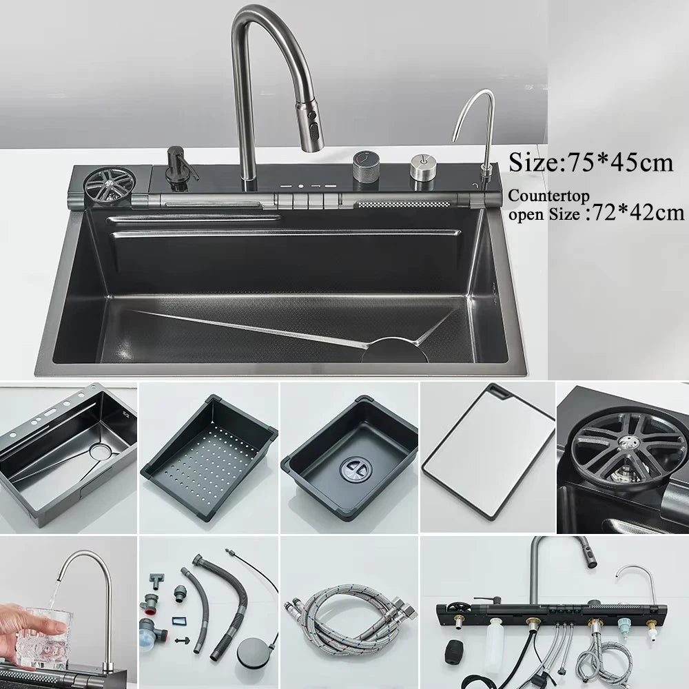 304 Stainless Steel Waterfall Kitchen Sink Large Single Slot Integrated Digital Display Faucet Set Soap Dispenser 75*45cm