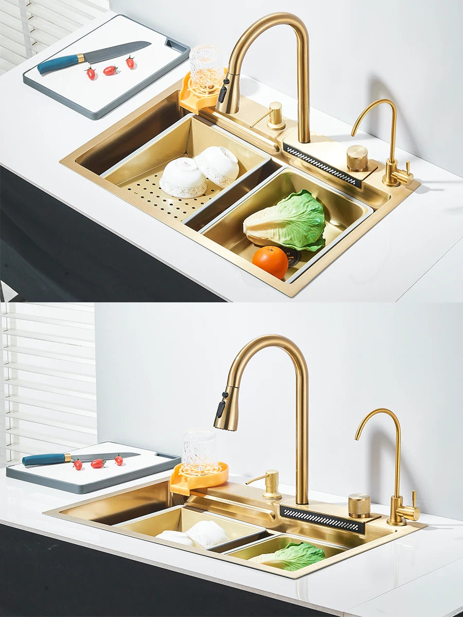 304 stainless steel waterfall kitchen sink large single slot integrated faucet set soap dispenser/pure water/cup washer