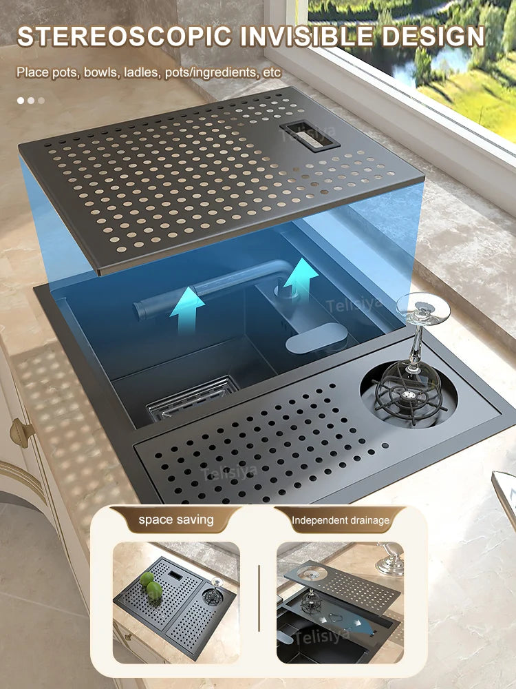 Stainless Steel Hidden Kitchen Sink With Lid Balcony Bar Apartment Small Single Slot Household Save Space Mini Wash Dish Basin