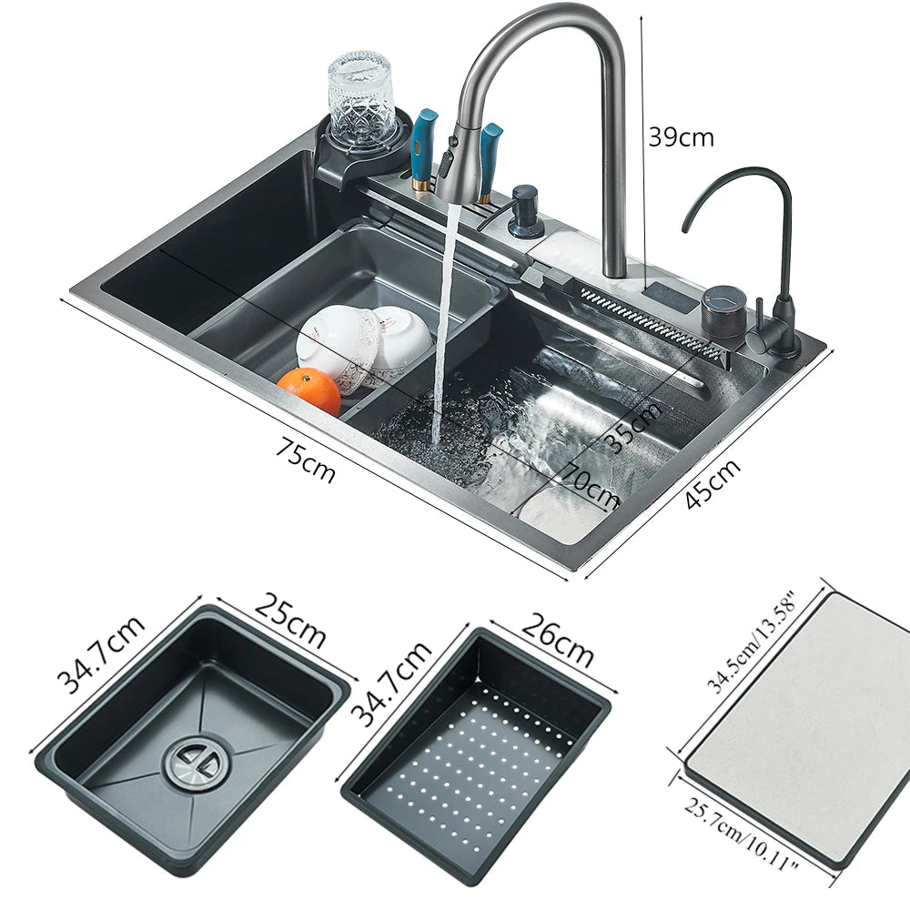 304 Stainless Steel Waterfall Kitchen Sink Large Single Slot Integrated Digital Display Faucet Set Soap Dispenser 75*45cm