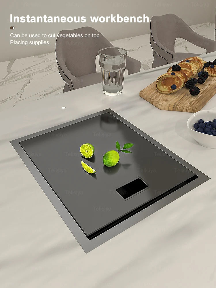 Stainless Steel Hidden Kitchen Sink With Lid Balcony Bar Apartment Small Single Slot Household Save Space Mini Wash Dish Basin