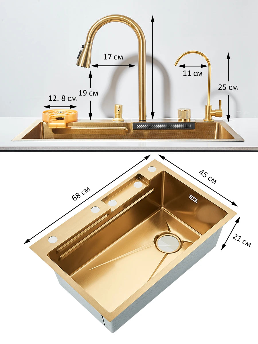 304 stainless steel waterfall kitchen sink large single slot integrated faucet set soap dispenser/pure water/cup washer