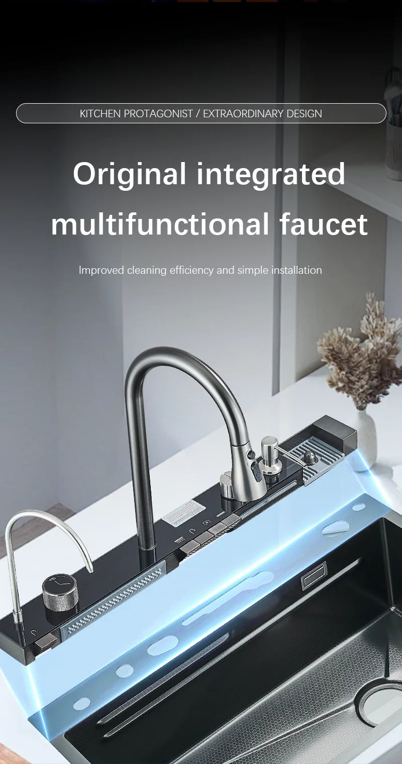 304 Stainless Steel Waterfall Kitchen Sink Large Single Slot Integrated Digital Display Faucet Set Soap Dispenser Cup Washer