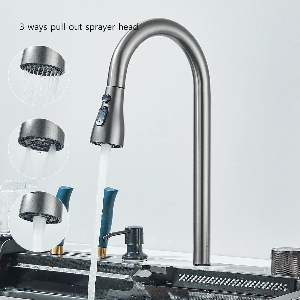 304 Stainless Steel Waterfall Kitchen Sink Large Single Slot Integrated Digital Display Faucet Set Soap Dispenser 75*45cm