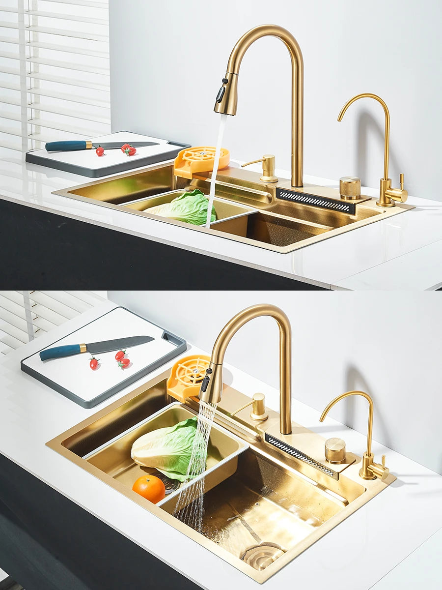 304 stainless steel waterfall kitchen sink large single slot integrated faucet set soap dispenser/pure water/cup washer