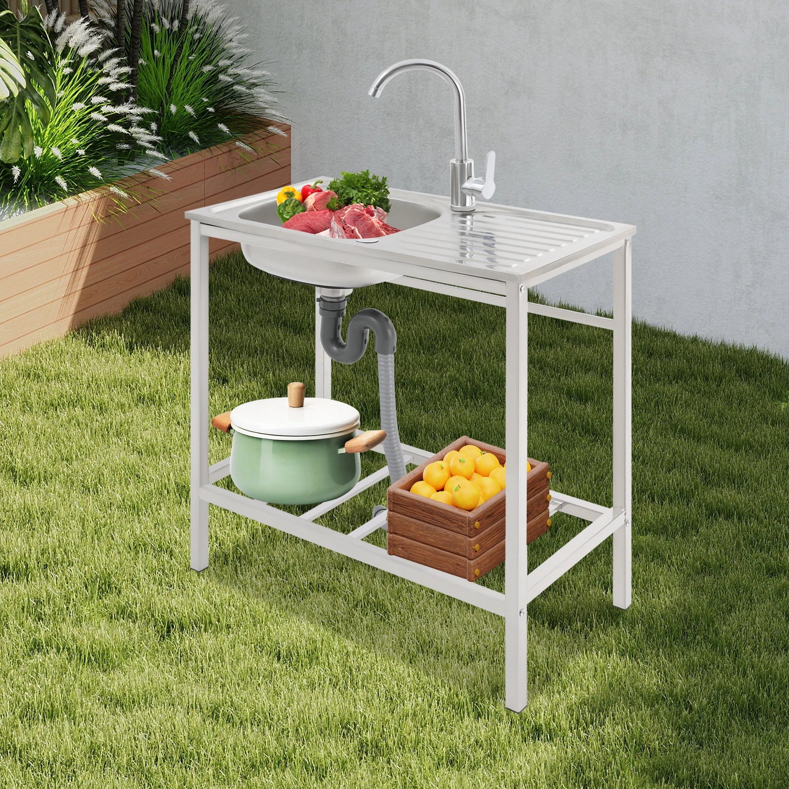 29.5*15.7*29.5in Kitchen Single Bowl Sink Free Standing Sink with Operation Countertop and Bottom Shelf 360° Adjustable Faucet