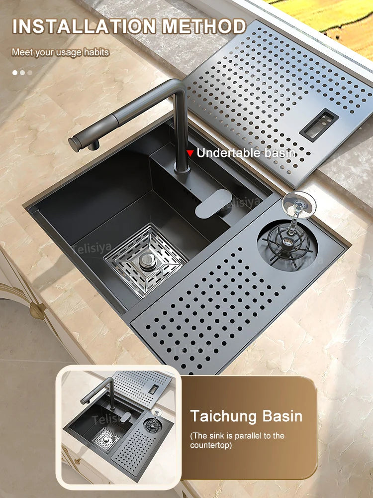 Stainless Steel Hidden Kitchen Sink With Lid Balcony Bar Apartment Small Single Slot Household Save Space Mini Wash Dish Basin