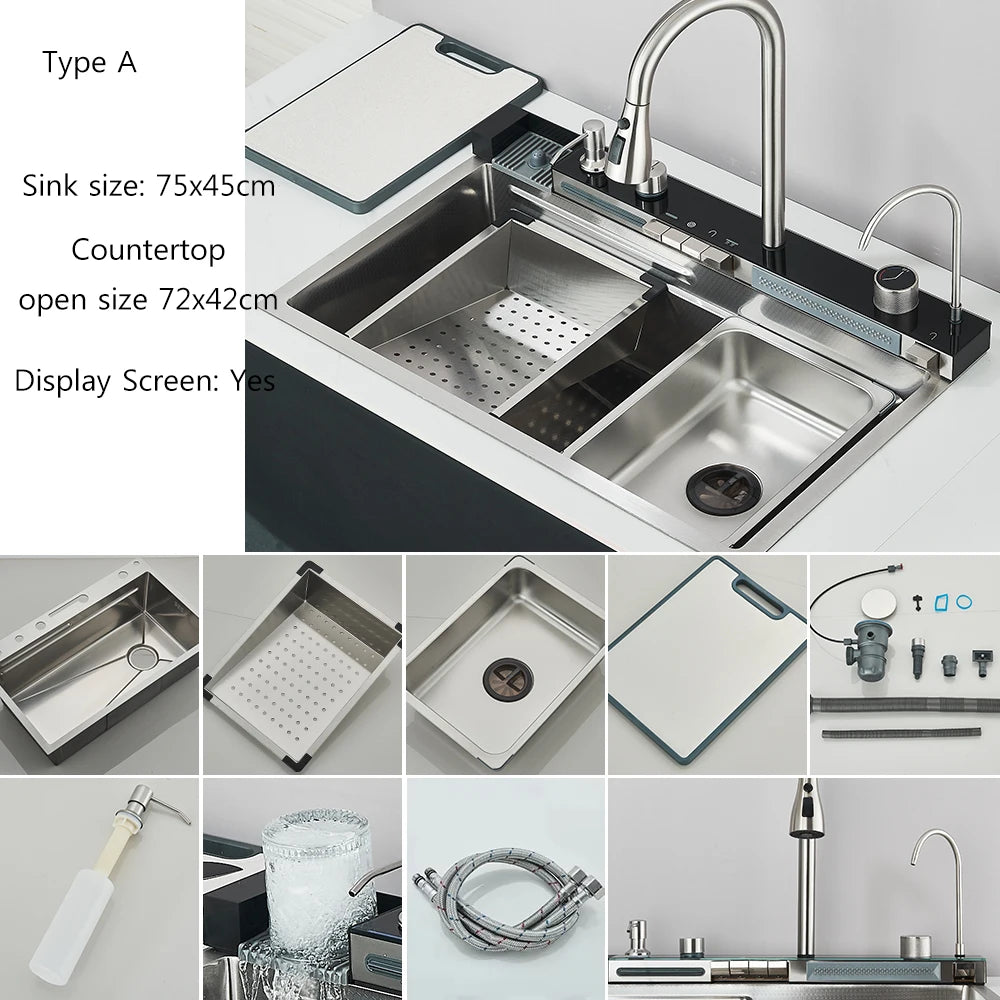 304 Stainless Steel Waterfall Kitchen Sink Large Single Slot Integrated Digital Display Faucet Set Soap Dispenser Cup Washer