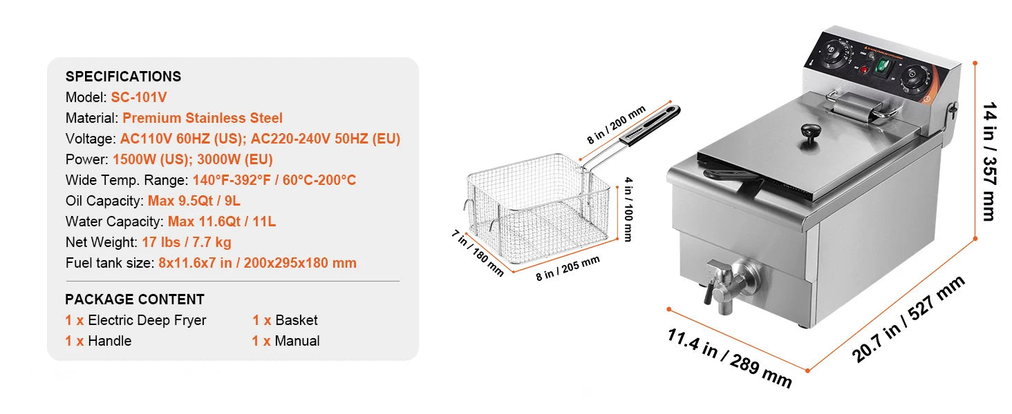 SucceBuy Commercial Deep Fryer Electric Countertop Fryer with Basket Stainless Steel Single Oil Fryer with Time & Temp Control