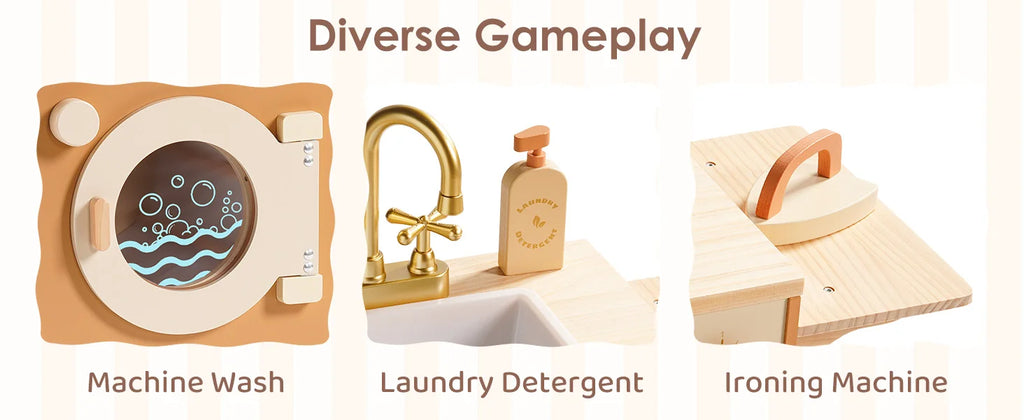 Robotime Wooden Play Kitchen Kids Kitchen Playset Washing Machine Dishwasher Toddler Kitchen Playset Gift for Boys Girls Caramel