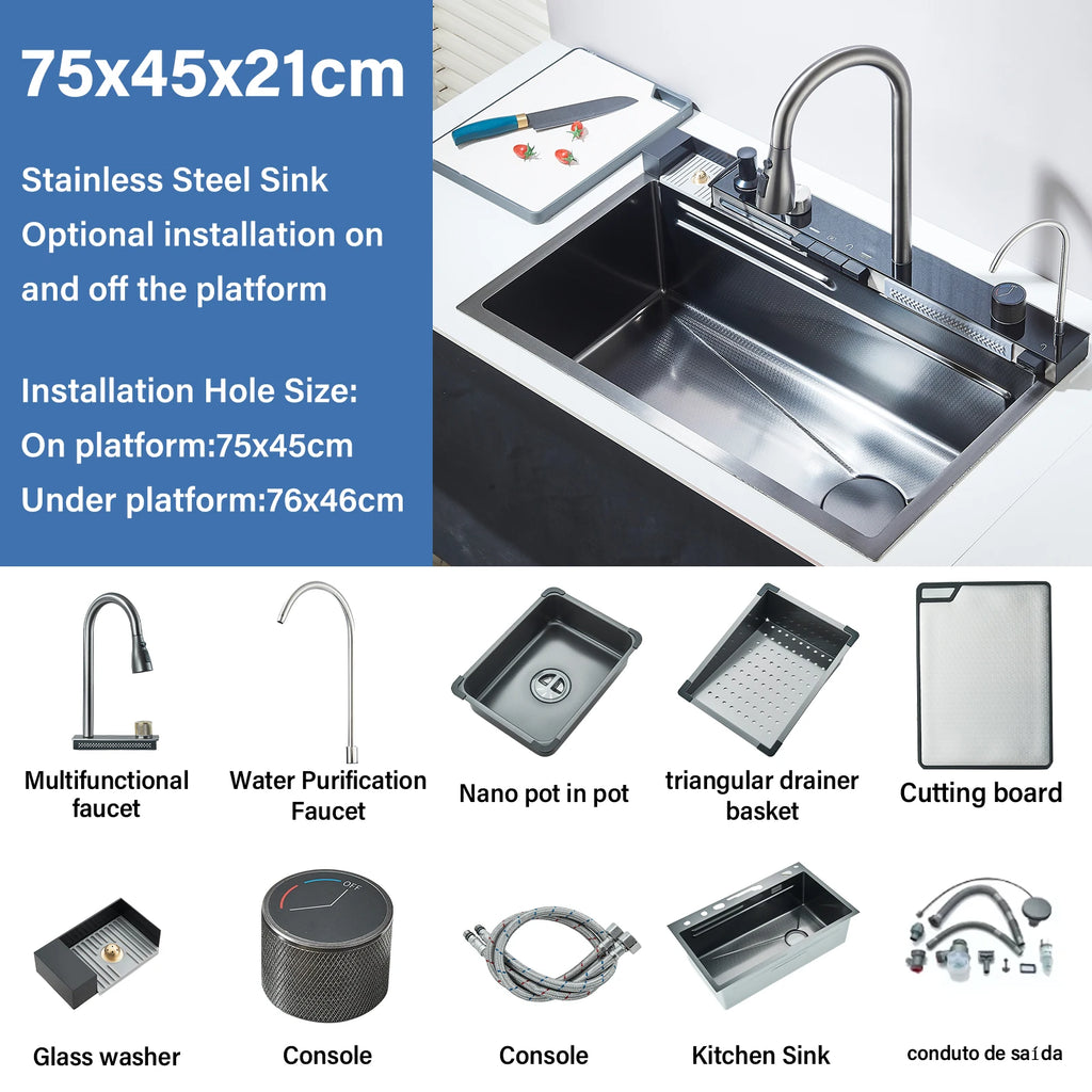 304 Stainless Steel Waterfall Kitchen Sink Large Single Slot Integrated Digital Display Faucet Set Soap Dispenser Cup Washer