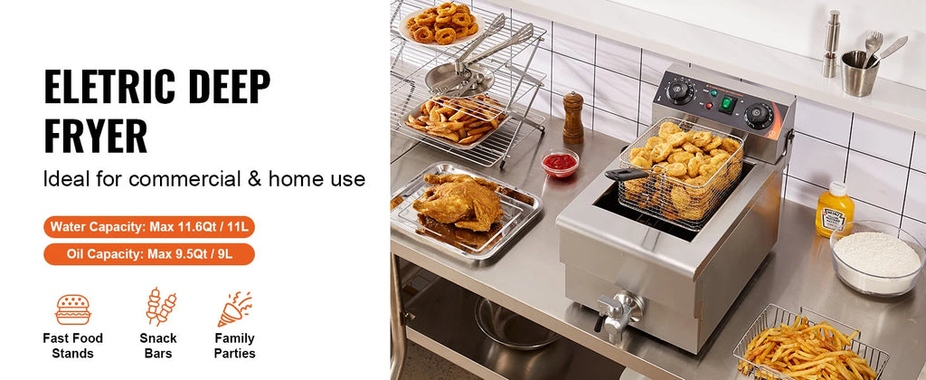 SucceBuy Commercial Deep Fryer Electric Countertop Fryer with Basket Stainless Steel Single Oil Fryer with Time & Temp Control