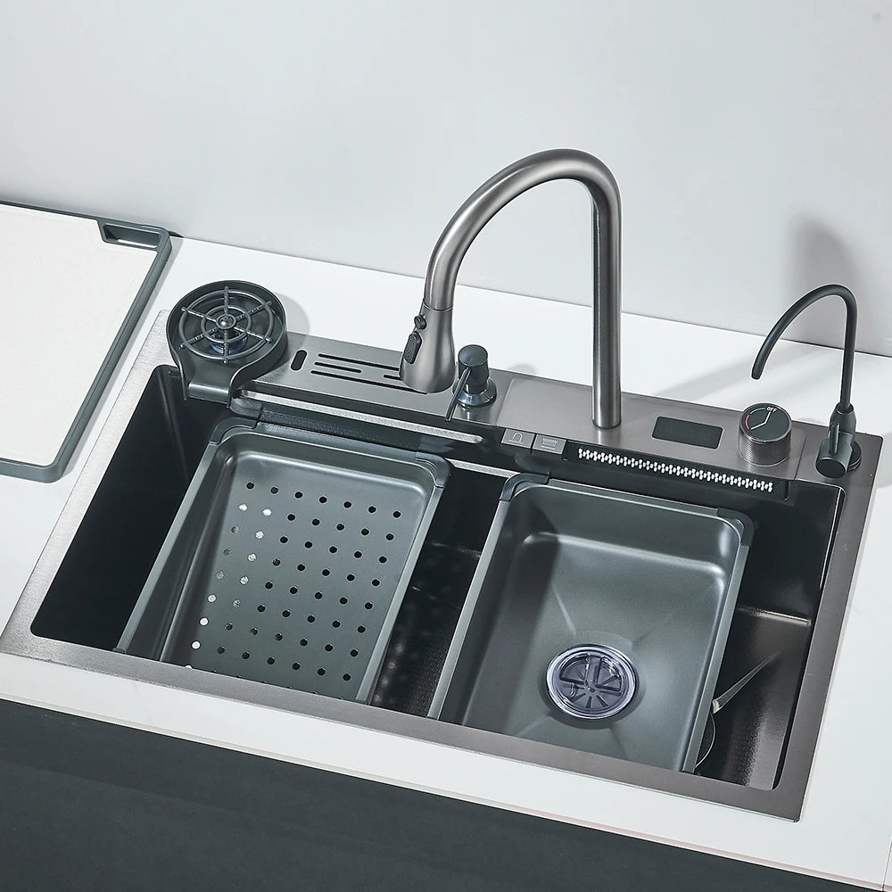 304 Stainless Steel Waterfall Kitchen Sink Large Single Slot Integrated Digital Display Faucet Set Soap Dispenser 75*45cm