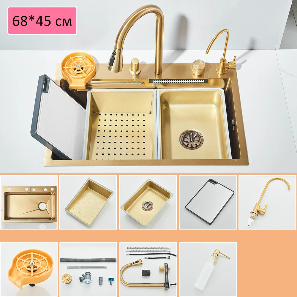 304 stainless steel waterfall kitchen sink large single slot integrated faucet set soap dispenser/pure water/cup washer