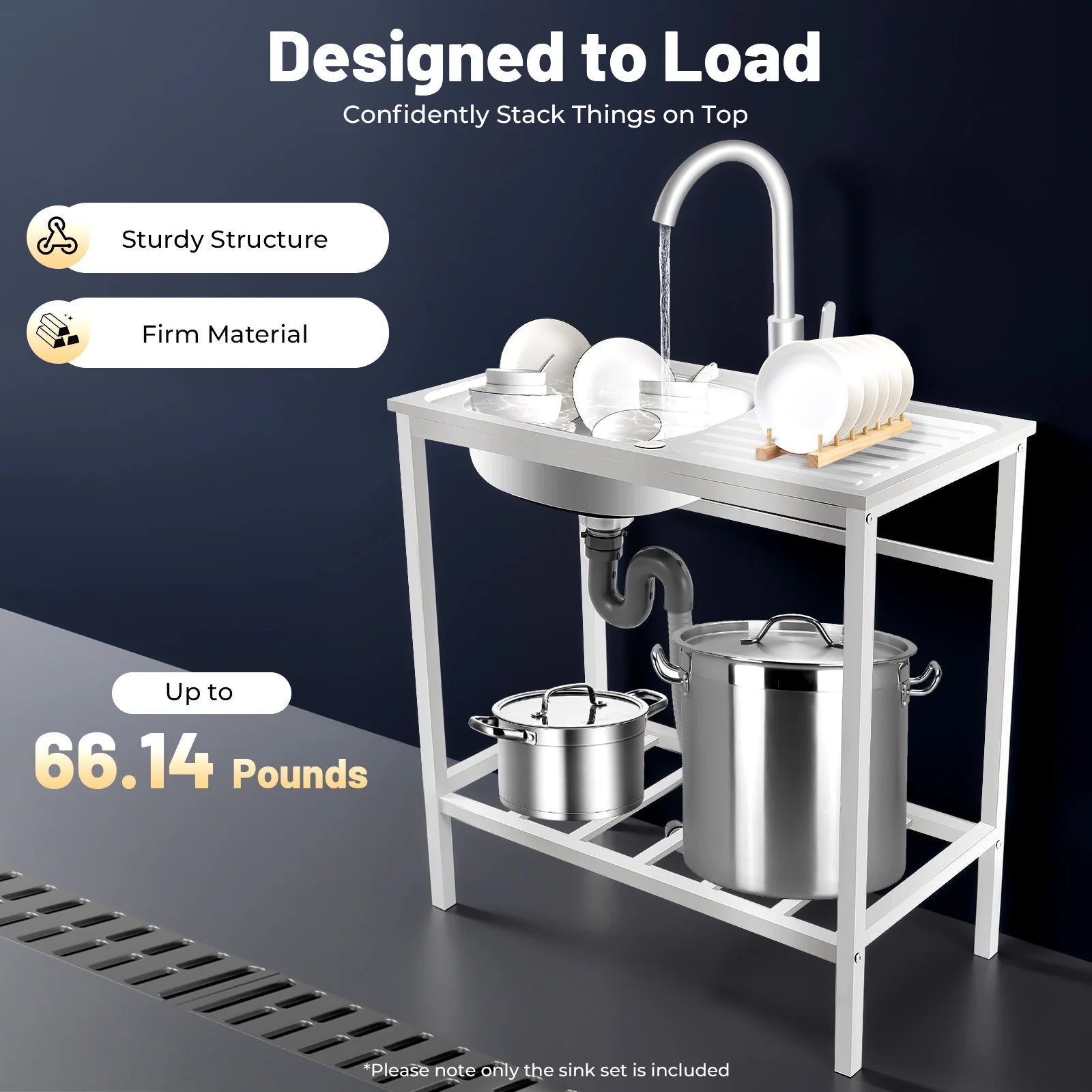 29.5*15.7*29.5in Kitchen Single Bowl Sink Free Standing Sink with Operation Countertop and Bottom Shelf 360° Adjustable Faucet