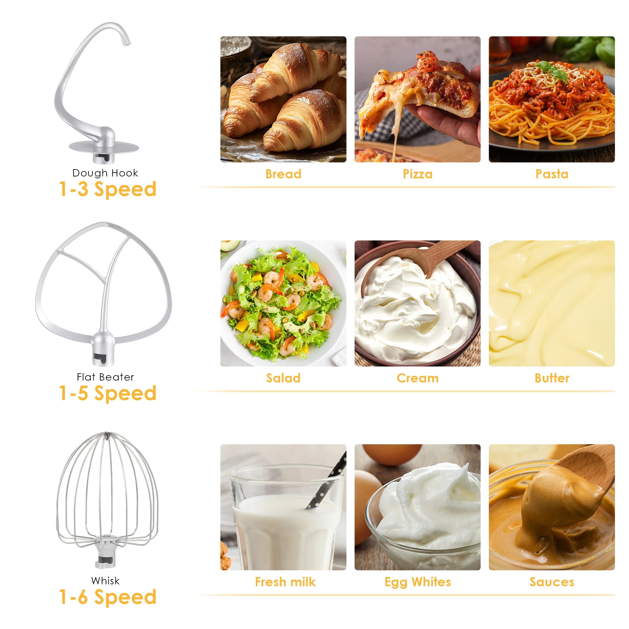 BioloMix Kitchen Food Stand Mixer, Blender, Quiet Motor, Cream Egg Whisk, Whip Dough Kneader, 6-Speed, 1200 W, 6 L, DC