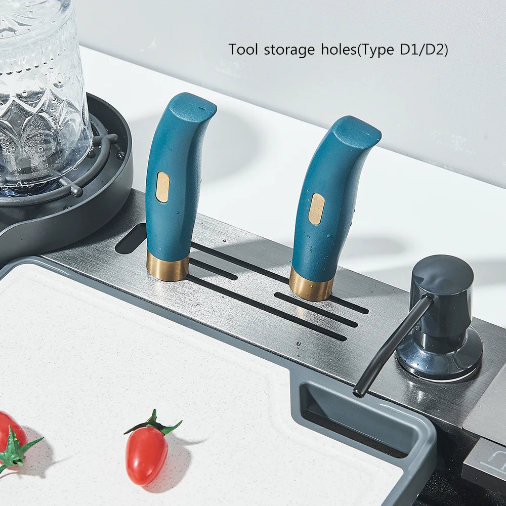 304 Stainless Steel Waterfall Kitchen Sink Large Single Slot Integrated Digital Display Faucet Set Soap Dispenser 75*45cm