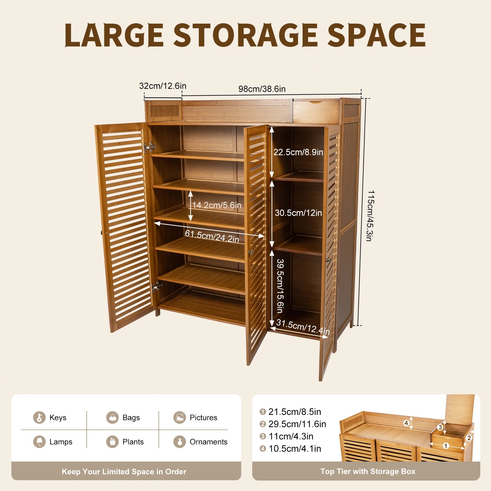 115cm Shoe Cabinet with Doors 30 Pairs Shoes Shoes Rack Home Storage Cabinet for Hall Entrance Corridor Livingroom Bedroom