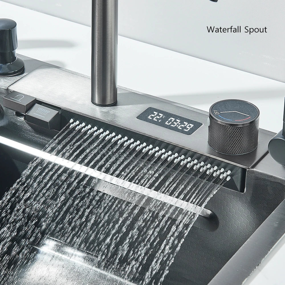 304 Stainless Steel Waterfall Kitchen Sink Large Single Slot Integrated Digital Display Faucet Set Soap Dispenser 75*45cm