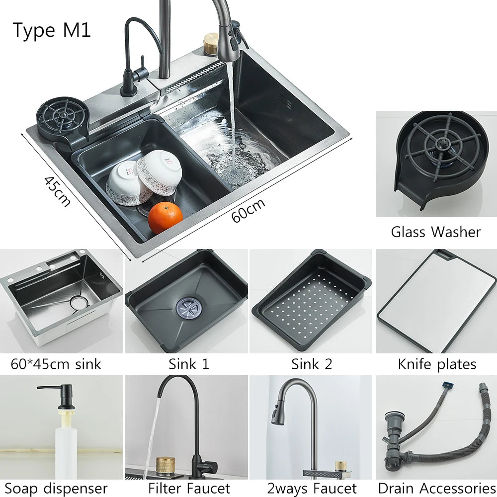 304 Stainless Steel Waterfall Kitchen Sink Large Single Slot Integrated Digital Display Faucet Set Soap Dispenser Cup Washer