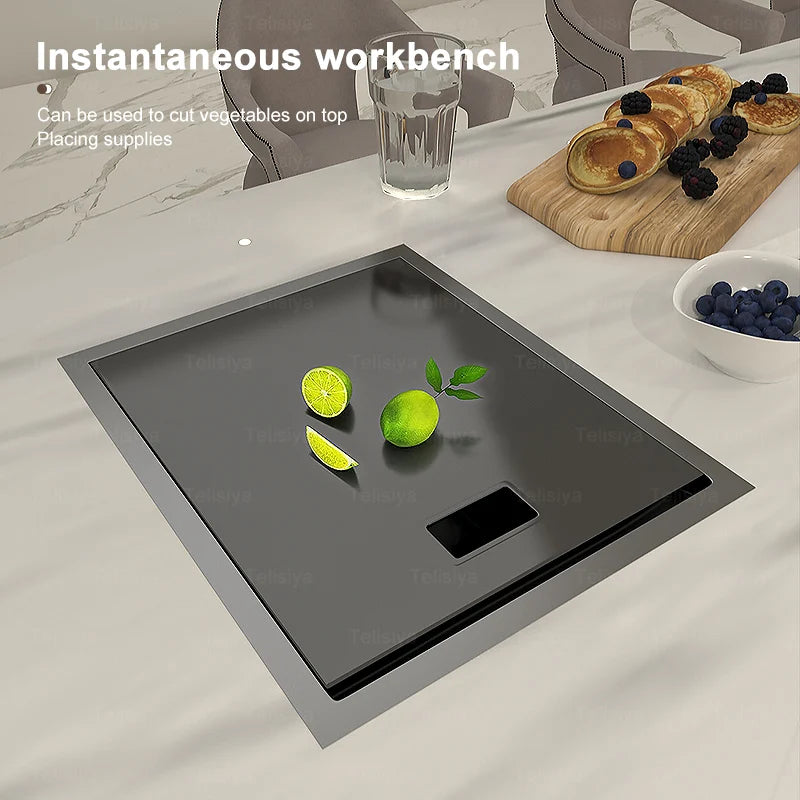 Stainless Steel Hidden Kitchen Sink With Lid Balcony Bar Apartment Small Single Slot Household Save Space Mini Wash Dish Basin