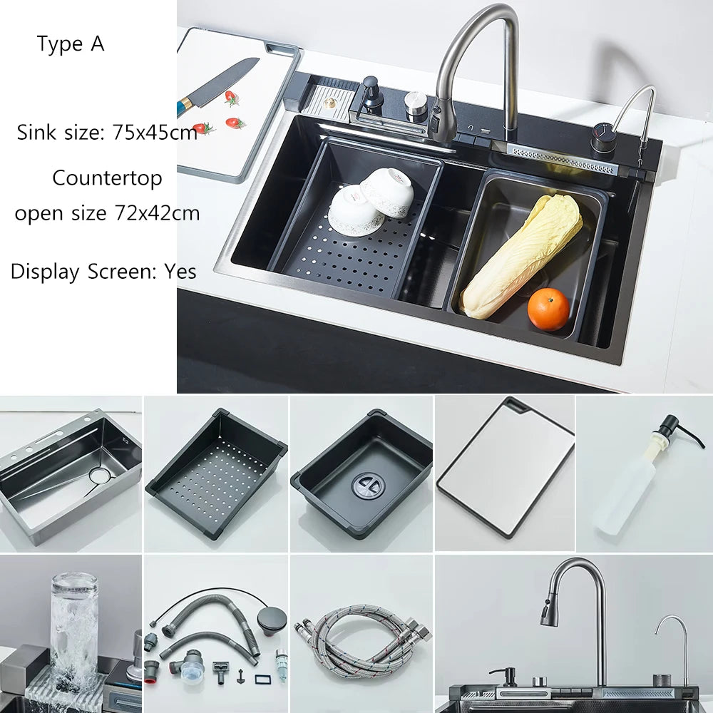 304 Stainless Steel Waterfall Kitchen Sink Large Single Slot Integrated Digital Display Faucet Set Soap Dispenser Cup Washer
