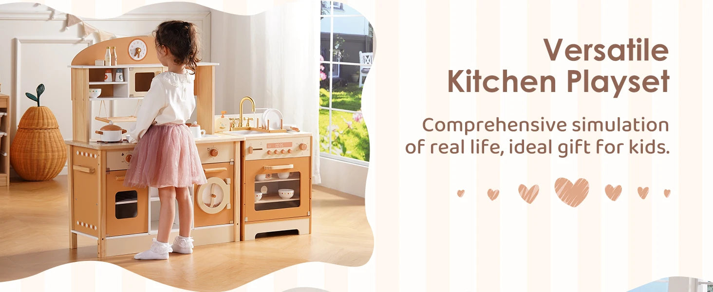 Robotime Wooden Play Kitchen Kids Kitchen Playset Washing Machine Dishwasher Toddler Kitchen Playset Gift for Boys Girls Caramel