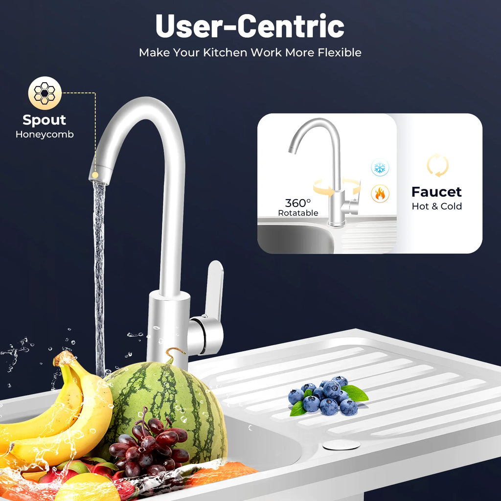 29.5*15.7*29.5in Kitchen Single Bowl Sink Free Standing Sink with Operation Countertop and Bottom Shelf 360° Adjustable Faucet